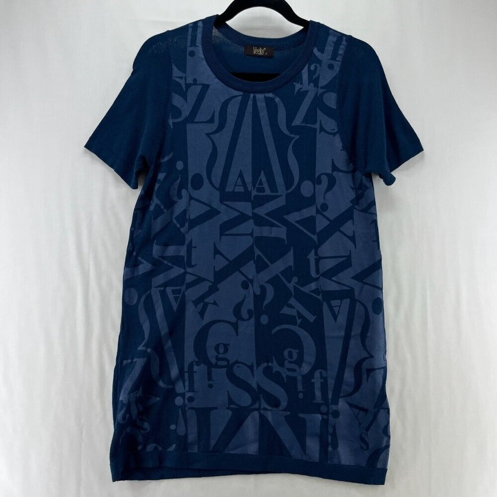 Veeko Sweater Free Size Jacquard Tunic Crewneck Short Sleeve Pullover Blue